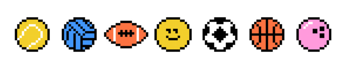 Play balls pixel art pattern. Tennis, soccer, baseball, football, basketball, volleyball icon set. Y2k trendy playful pixelated stickers. Mood of 90's aesthetics. 8-bit retro style vector illustration