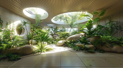 Poster - An interior perspective of an interior garden. The plants grow into the upper store. Generative AI.