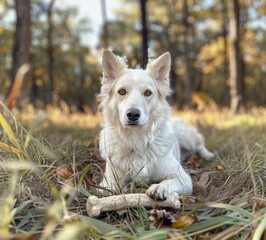 On grass, a white dog stares at the camera.