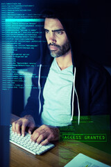 Fototapete - Hacker, overlay and man at night on computer for programming, coding and information technology. Cybersecurity, software and person with password access to financial data, banking fraud and phishing
