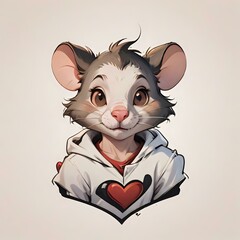 Wall Mural - Adorable illustrated mouse character in a hoodie with a heart design, perfect for children’s media, character design, and playful branding.