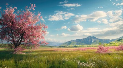 Wall Mural - scenic countryside featuring distant mountains during springtime