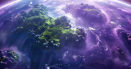 Aufkleber - A flat map showing the continents of an alien planet. ocean is purple and forests are green. Generative AI.