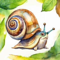 Wall Mural - Snail with colorful shell and expressive eyes. Watercolor illustration with vibrant colors. Nature and wildlife concept for design and print