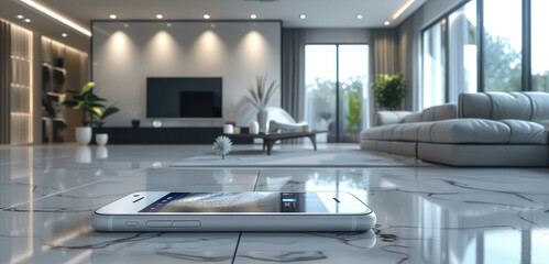 Fototapete - App control on smart phone, background interior. Generative AI.