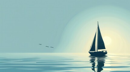 Poster - A minimalist and elegant image of a sailboat silhouette on the water at sunset. The sky is a soft blue with a subtle golden glow, reflecting on the calm waters below. Generative AI