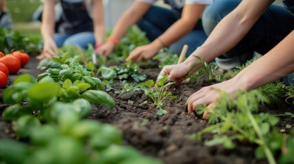 Employees participating in a corporate garden project, planting vegetables and herbs