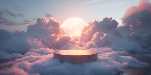 Wall Mural - A large, glowing moon is in the sky above a cloud-filled sky. The clouds are pink and white, and the moon is surrounded by a halo of light. The scene is serene and peaceful, with the moon