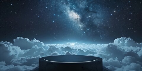 Wall Mural - a large, round, dark blue structure is surrounded by a cloudy sky. the sky is filled with stars and 