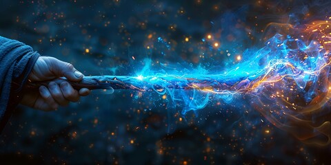 Wall Mural - A person holding a wand with blue and orange sparks shooting out of it. Concept of magic and wonder, as if the wand is a powerful tool capable of creating a fantastical world