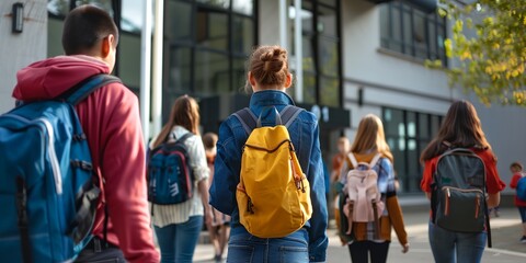 a group of students walking to school with backpacks. scene is casual and relaxed, as the students a