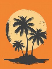 Poster - A vibrant silhouette image of three palm trees against a sunset backdrop over a tropical beach. Generative AI