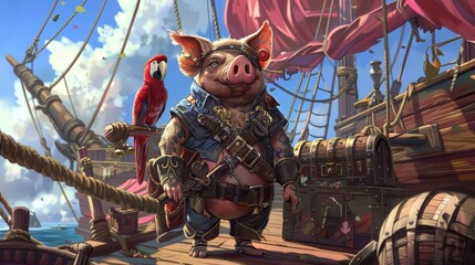 Wall Mural - Playful Pirate Pig Adventure: Whimsical Illustration of a Pirate Pig with Parrot and Treasure Chest