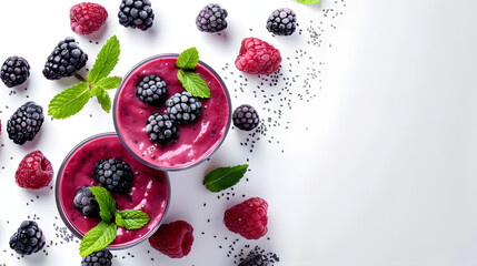 Wall Mural - Blackberry Smoothie with Mint and Fresh Berries. Top View, Flat Lay on White Background for Healthy Food Photography.