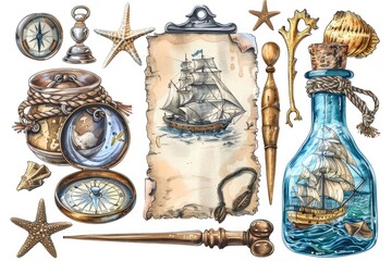 Poster - Ship in Bottle with Nautical Items