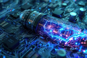 Poster - High tech energy core with glowing effects embedded in an advanced electronic circuit board