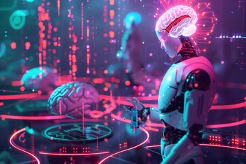 Poster - AI Robot Interacting With Digital Data in a Futuristic Setting