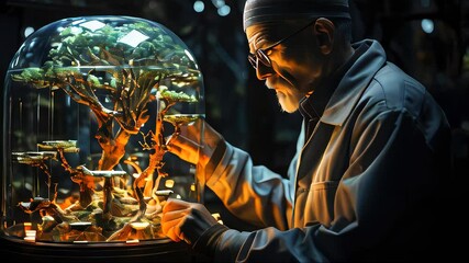 Poster - Scientist male doctor researcher conducts tests and research invents in scientific medical laboratory