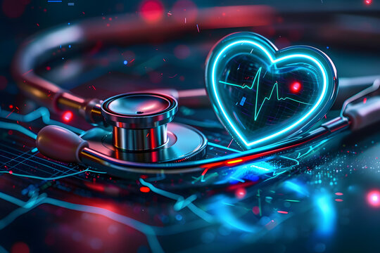 Futuristic stethoscope with neon heart in a high tech medical environment, representing the fusion of care and technology