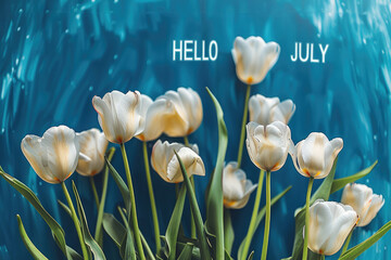 Aufkleber - Blue background with white tulips, text that spell the word 