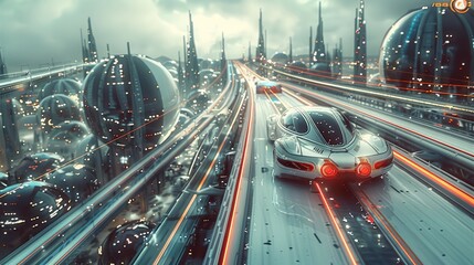 Aufkleber - View from the top onto a wide futuristic highway high above a city, futuristic cars. Generative AI.