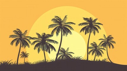 Poster - A simple and vibrant illustration featuring silhouette palm trees against a sunset beach background. Generative AI