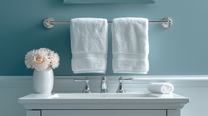 Wall Mural - A white bathroom towel rack on the wall above an sink with a white top and two stainless steel armrests, light blue walls. Generative AI.