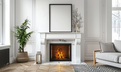 Wall Mural - Minimalist living room with a blank frame above the mantel