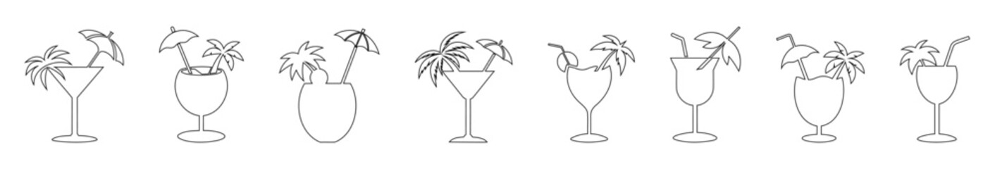 Wall Mural - Set of black outline illustrations of tropical cocktails. Icons of beach drinks. Isolated on white background. Print, logo, pictogram, design elements. Concept of vacation, beach beverages