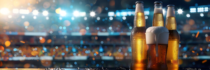 Cold beer bottles with bright night stadium scene in background. Sport, game and fresh drink. Championship football cup. Banner with copy space