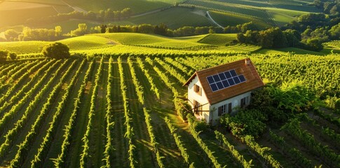 A small house is surrounded by a vineyard. Solar power integrated into agricultural practices for sustainable energy production. Concept Renewable Energy, Sustainable Farming, Solar Integration, Green