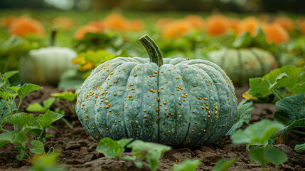 Wall Mural - Close up single large pumpkin in pumpkin field, surrounded by green plants and other pumpkins