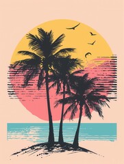 Poster - A minimalistic and vibrant image featuring palm trees silhouettes against a sun and beach background, perfect for travel agencies and resorts. Generative AI