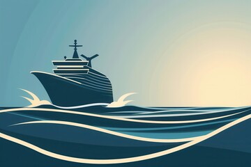 Aufkleber - Minimalist illustration of a silhouette of a yacht sailing on calm waters at sunset. Generative AI