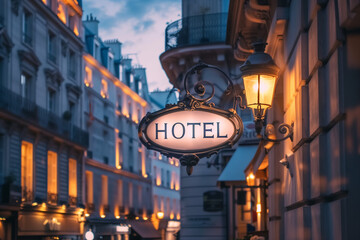 illuminated parisian hotel sign taken at dusk