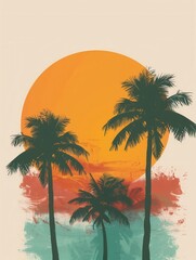 Poster - A minimalist and vibrant image featuring silhouettes of palm trees against a setting sun on a beach. Generative AI