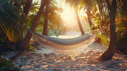 hammock on summer tropical beach at sunset