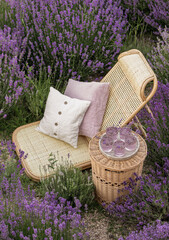 Wall Mural - Glass of lemonadein a lavender field. Violet flowers on the background.