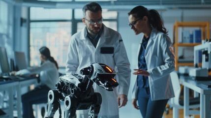 Poster - Two robotics engineers, one male and one female, stand in a laboratory setting, examining a futuristic canine robot. They are dressed in lab coats and appear focused and engaged in their work