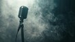 © Kopgz-41 - A vintage wide shot of a metallic silver microphone in a dark grey studio, with backlight and smoke enhancing the nostalgic vibe