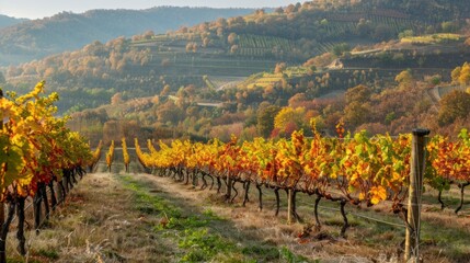 Aufkleber - A picturesque vineyard nestled in a valley with colorful fall foliage