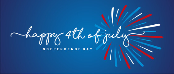 Sticker - Happy 4th of July handwritten typography text with blue white red sparkle firework on blue background