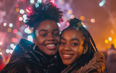 Two young women smile brightly for the camera, standing in front of a colorful fireworks display