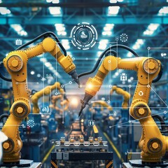 Poster - Advanced AI Technology Revolutionizing in Industrial Automation, Yellow Robotic Arms with Manufacturing and Design Icons, Information Flow in a Blue Industrial Background