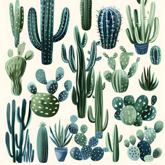Wall Mural - Collection illustration pattern of various types of cacti in green and navy tones. Isolated on white background.