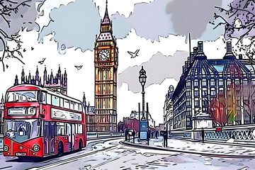 London in style pen city art transportation.