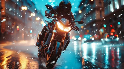 Motorcyclist Riding Through Snowy City Street at Night