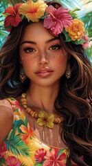 Wall Mural - Hawaiian woman with a flower crown, looking festive