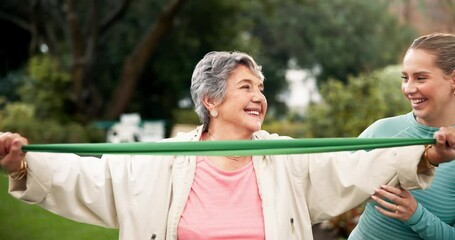 Poster - Exercise, elderly woman and resistance band with senior care in garden, support and physio at nursing home. Help, wellness and trainer with patient for muscle health, rehabilitation and progress