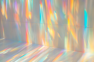 Wall Mural - blurred rainbow light refraction texture overlay effect for photo and mockups organic drop diagonal holographic flare on a white wall shadows for natural light effects AI
